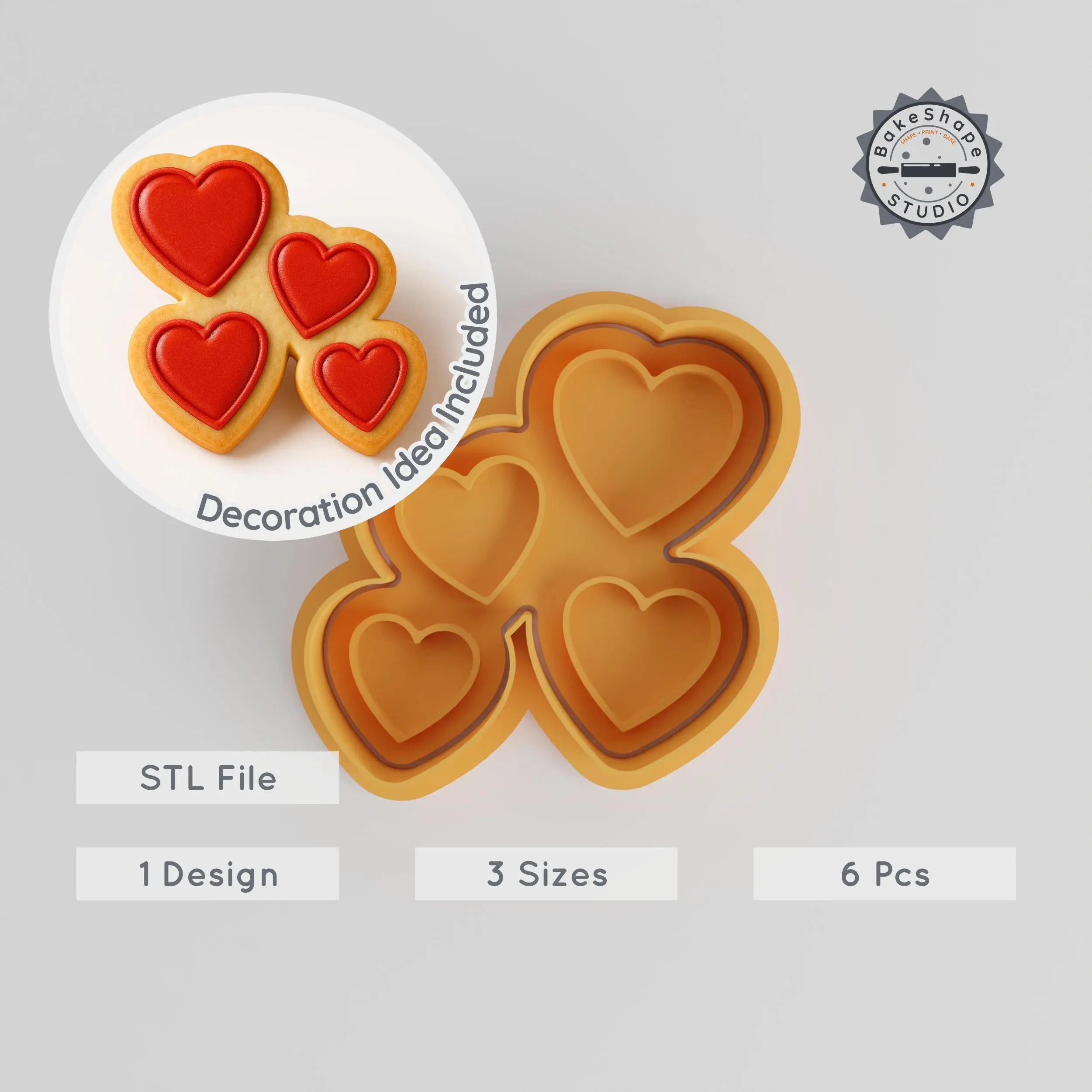 Heart Shape Cutter & Stamp Set, 6 Pieces, Ideal for Cookies & Fondant, Sizes S/M/L PRODUCT_208 3d model