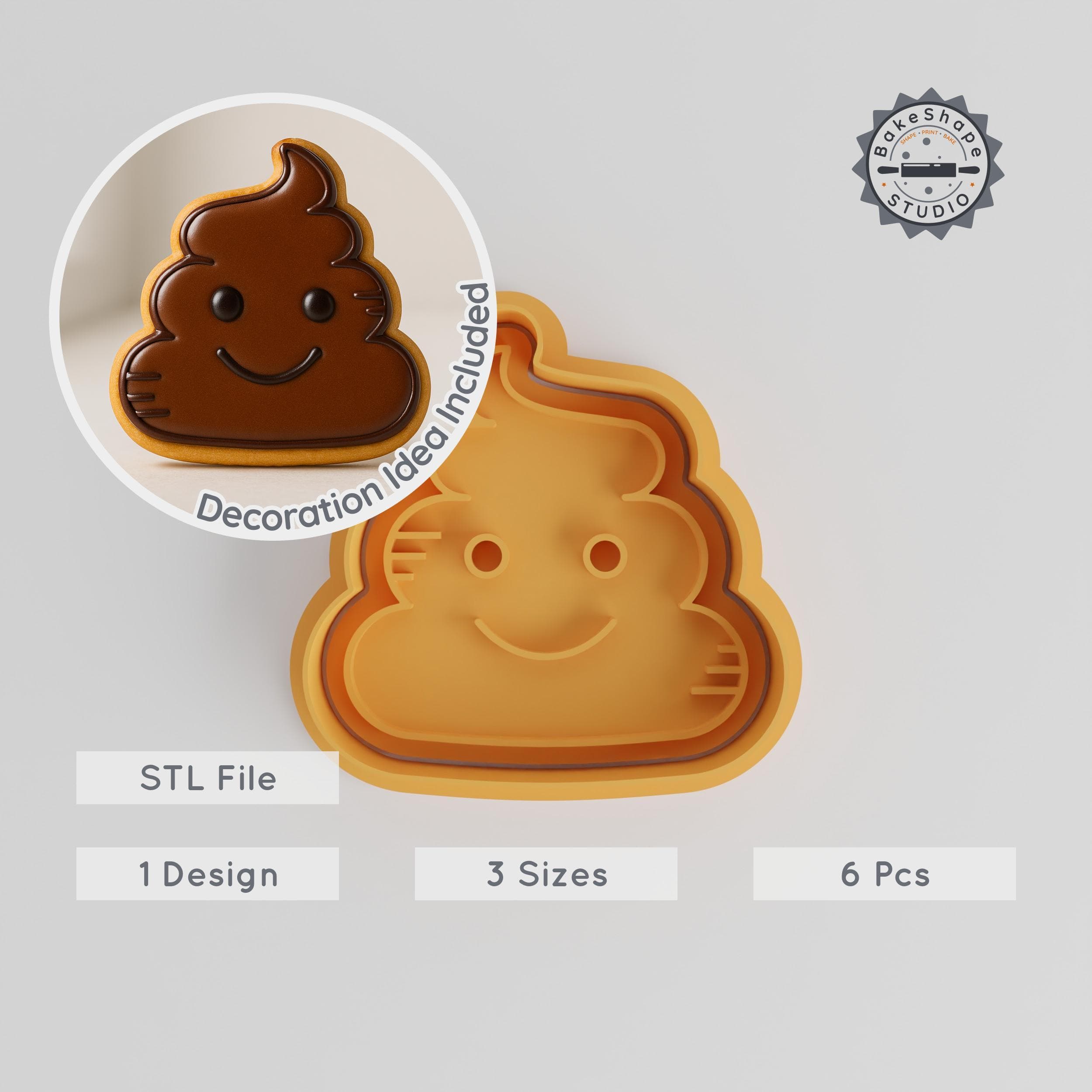 Poop Shape Cutter & Stamp, Happy Emoji Design, Cookie & Fondant Decor, 3 Sizes S/M/L, 6-Piece Set PRODUCT_376 3d model