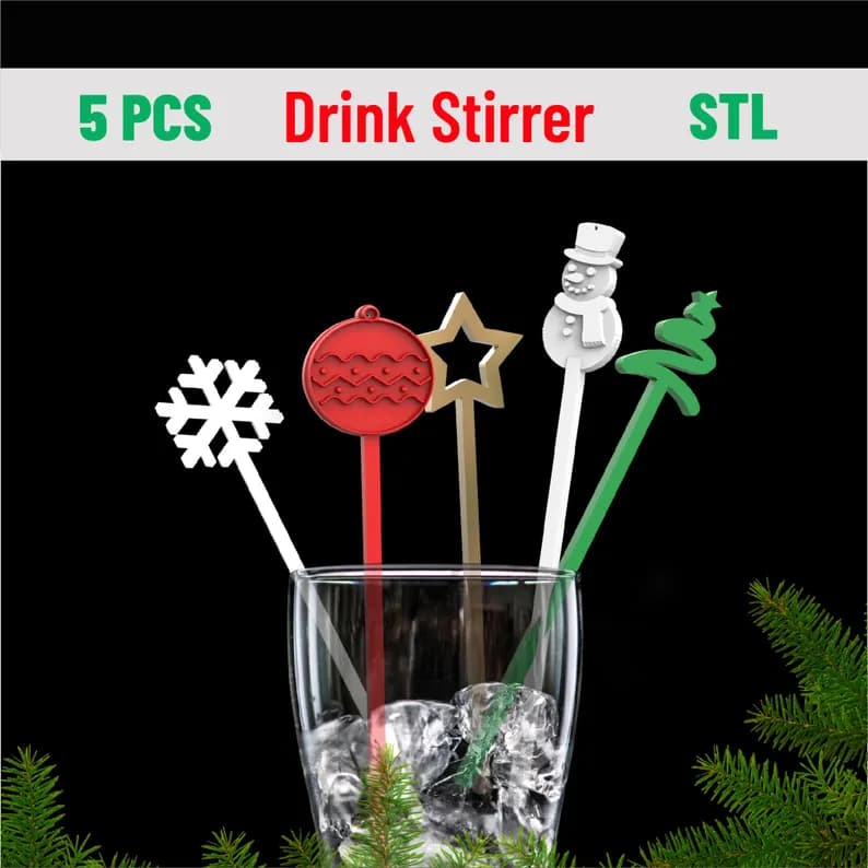 5 pcs. Christmas Drink Stirrers, Mini Bundle Party Decoration, Christmas Set 3d model