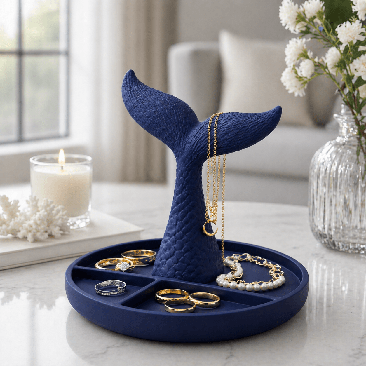 Ocean Jewelry Tray STL – Whale Tail Vanity Organizer & Ring Holder 3d model