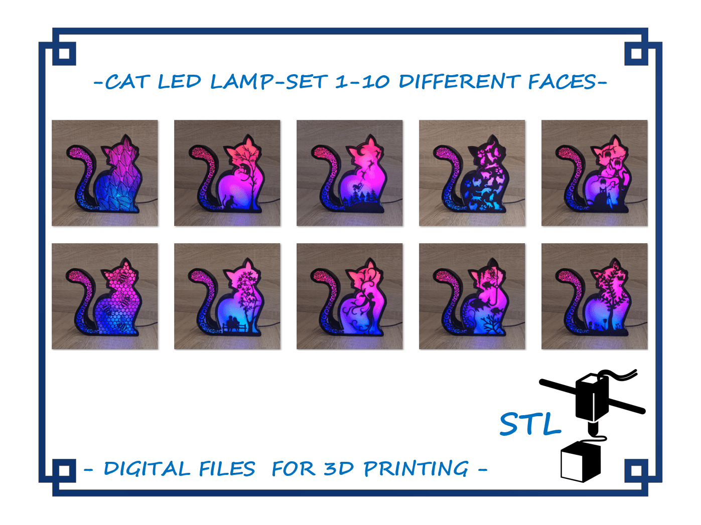 Cat Led Lamp - Set 1 - 10 Different Faces 3d model