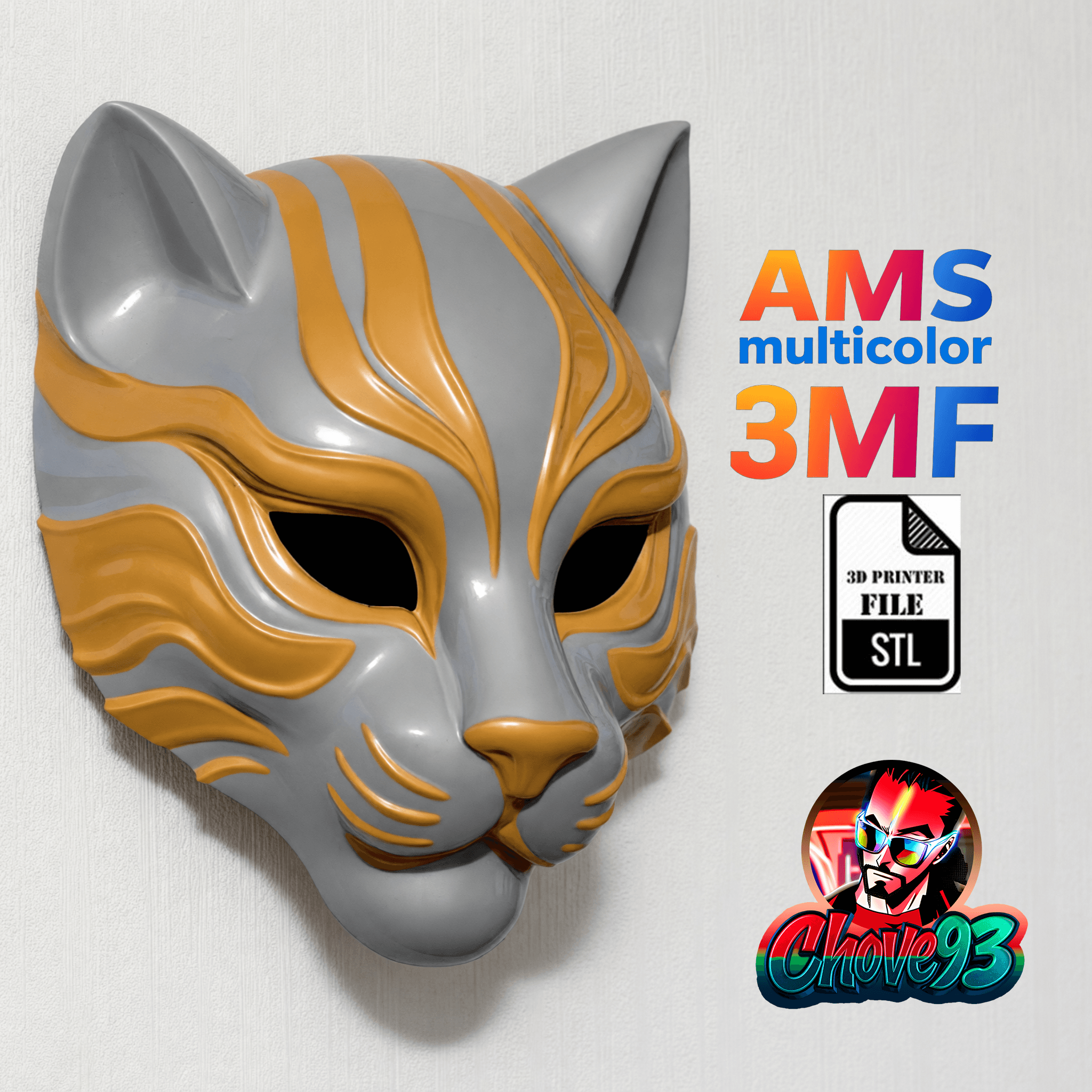 Spirit_Cat_Wall_Decor_Mask – STL & 3MF Multicolor (3 Colors) 3d model