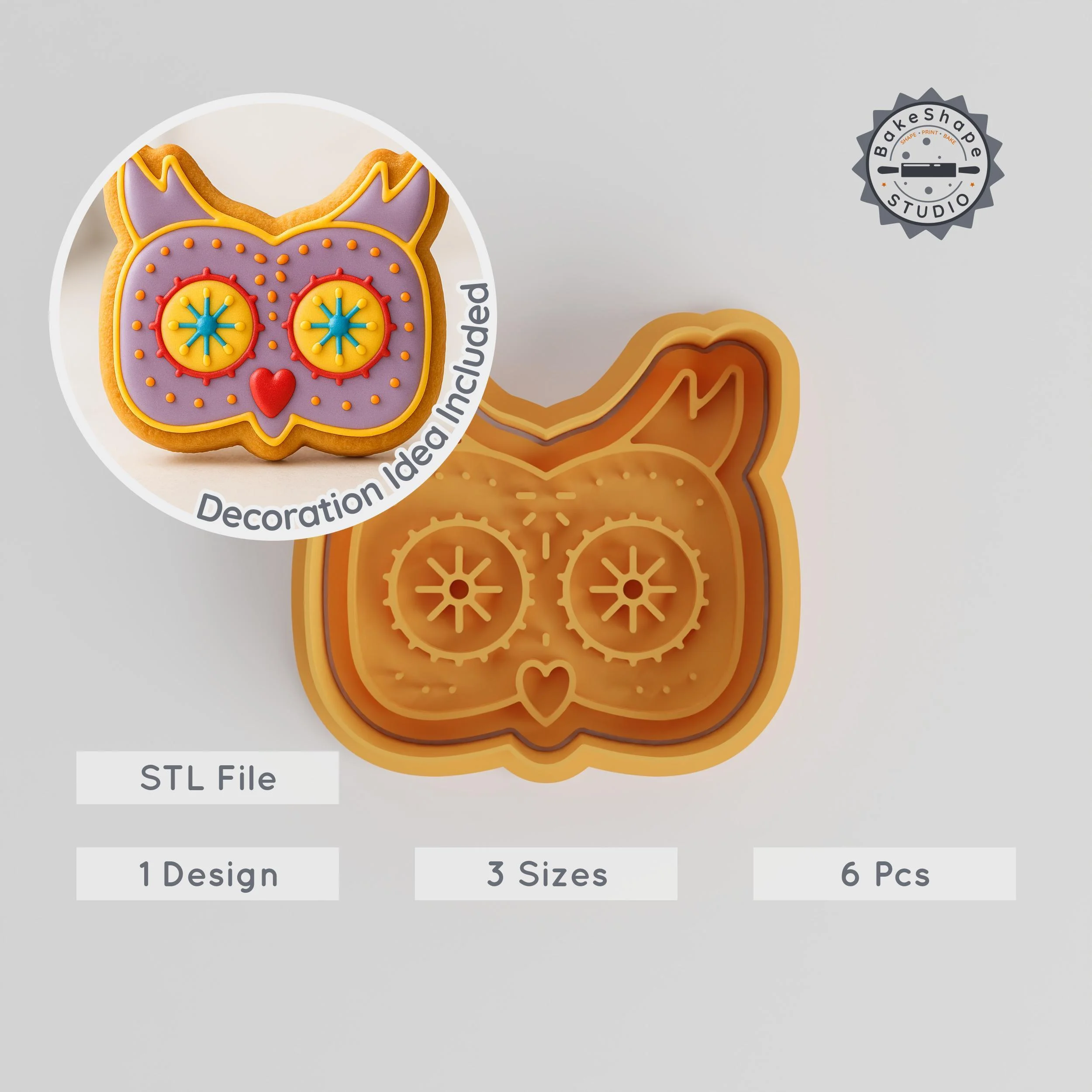 Owl Cookie Cutter & Stamp Set, Day of the Owl, Mexican Style, Sizes S/M/L, Perfect for Cookies & Fondant PRODUCT_931 3d model