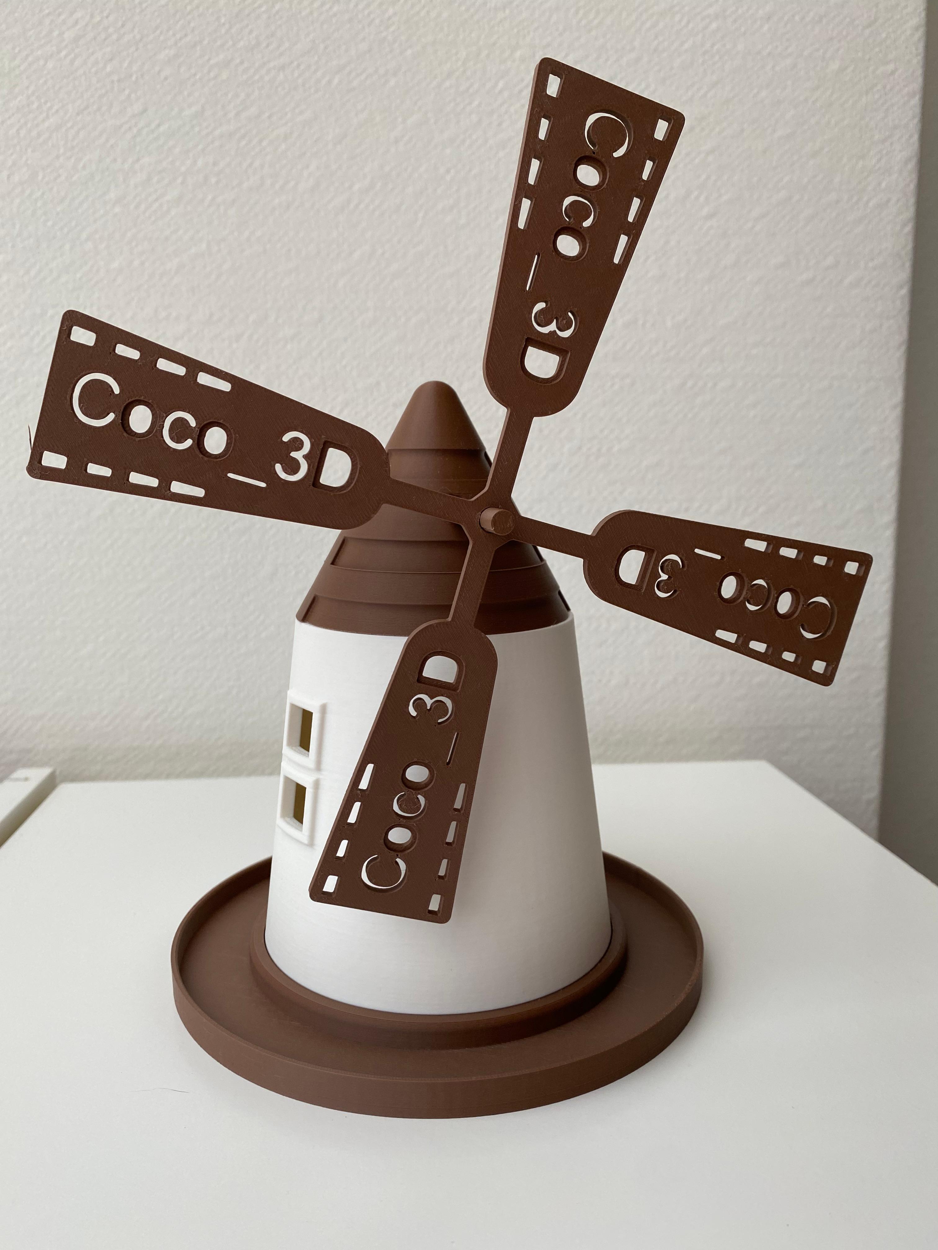 Windmill 7.4 - Thank you so much for this special design for me!!! I have my own windmill whoop whoop!
Printed with 0.20 mm on the bambulab.
Filament: 
Polymaker 'earth brown'
and 'cotton white'
 - 3d model