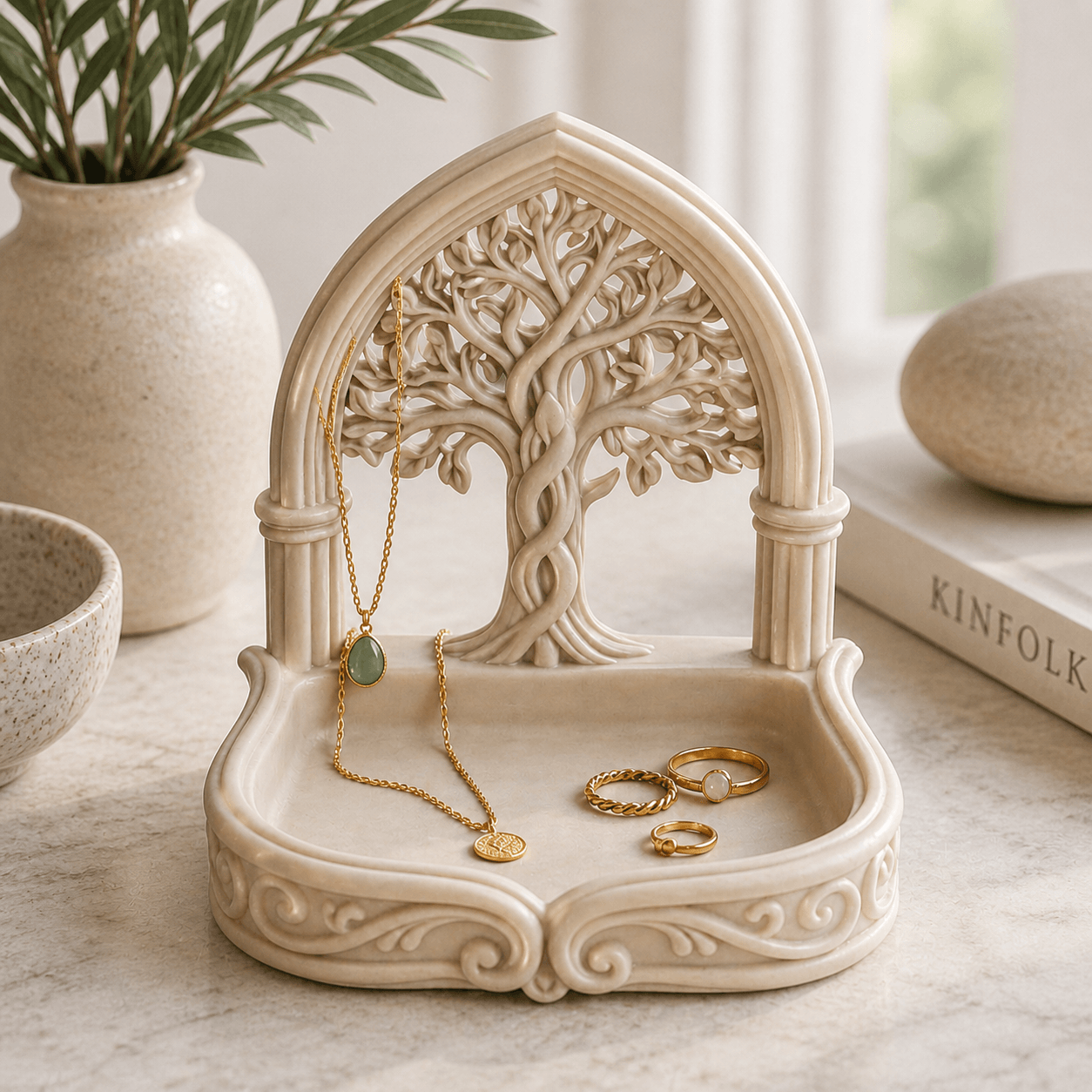 Tree of Life Jewelry Tray STL – Gothic Arch Ring Dish & Necklace Holder 3d model