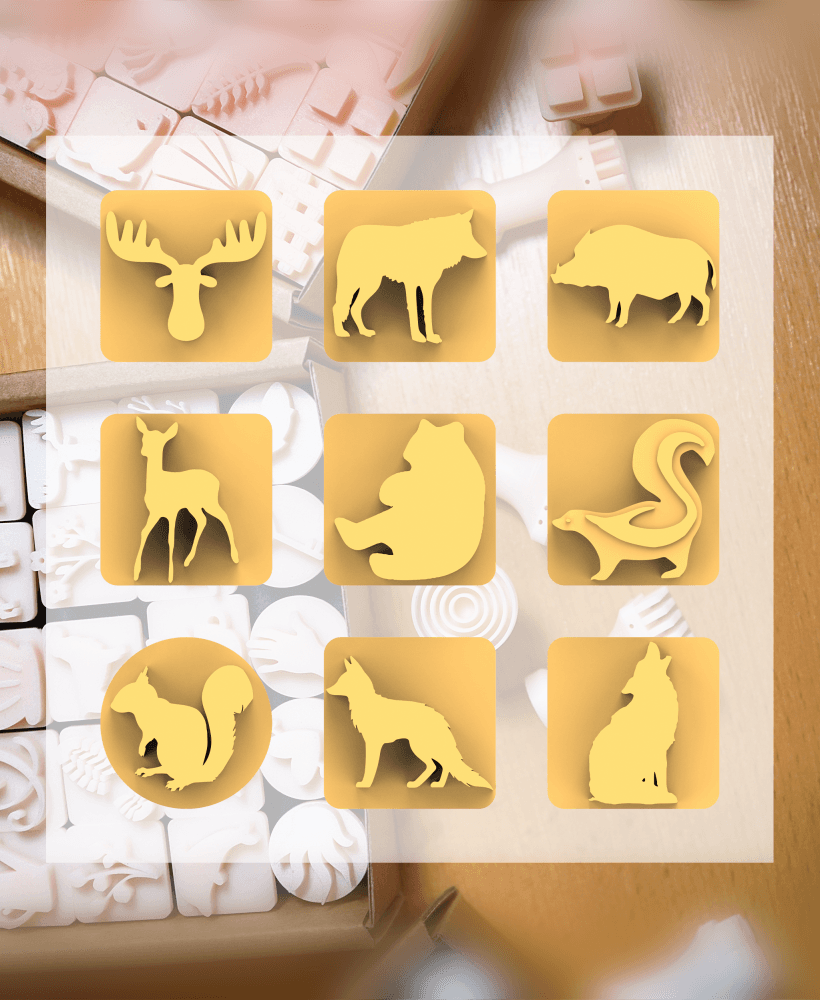 Ceramic Clay Stamp Set โ Forest Animals (9 Stamps, 20 mm) 3d model