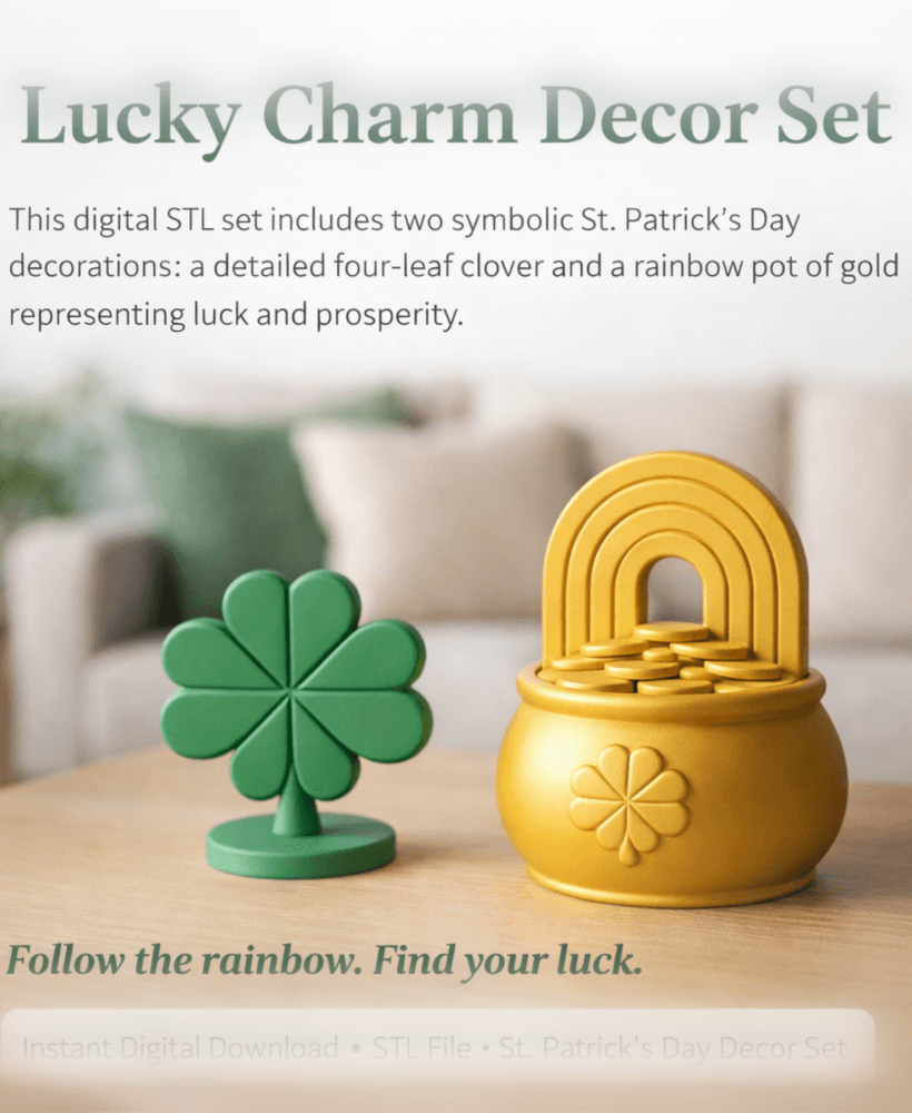 St. Patrick’s Day Lucky Charm STL Set – Four Leaf Clover & Rainbow Pot of Gold Decor 3d model