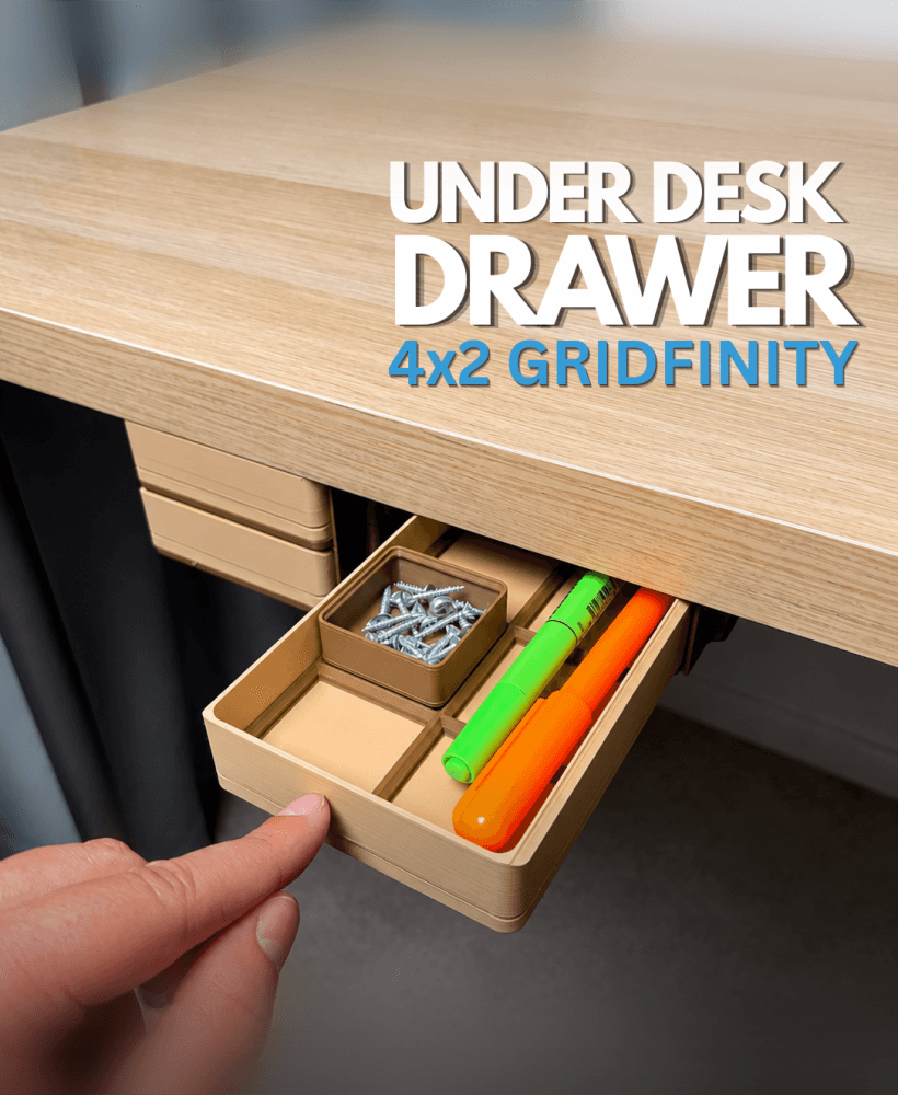 Modular Under Desk Drawer | 4×2 Gridfinity | Push-Push Lock 3d model