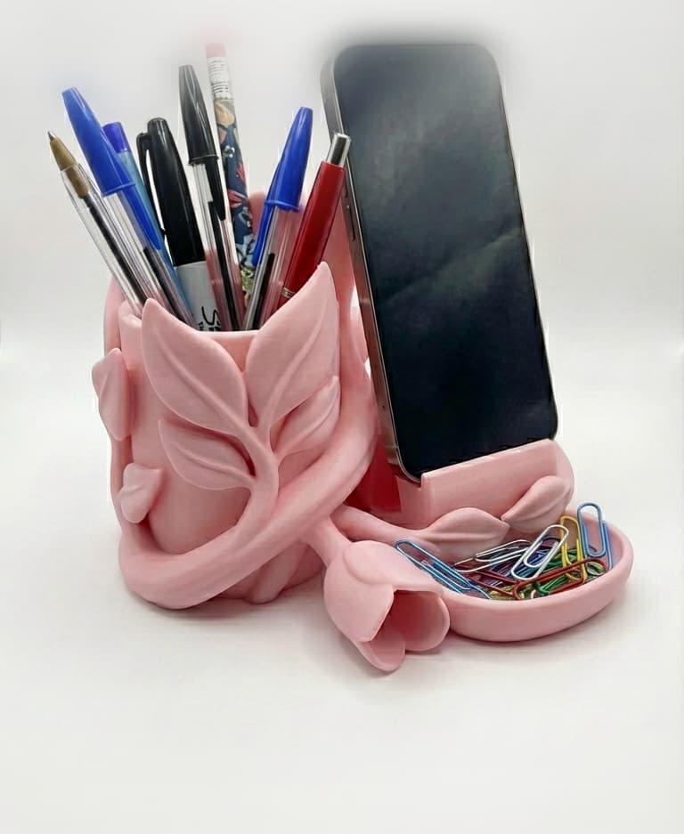 Sculptural Floral Desk Organizer - Phone Stand, Pen Holder & Catchall Tray 3d model