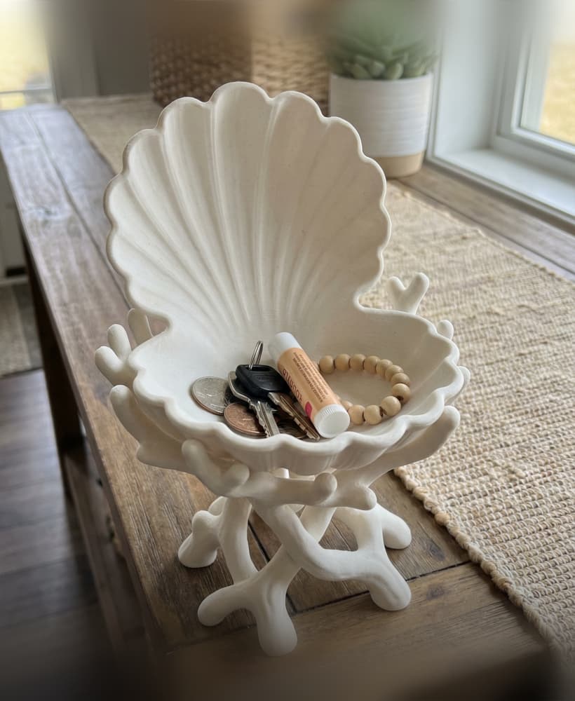 Coastal Seashell Catchall Bowl with Coral Stand | Beach Decor Key Holder Tray STL 3d model