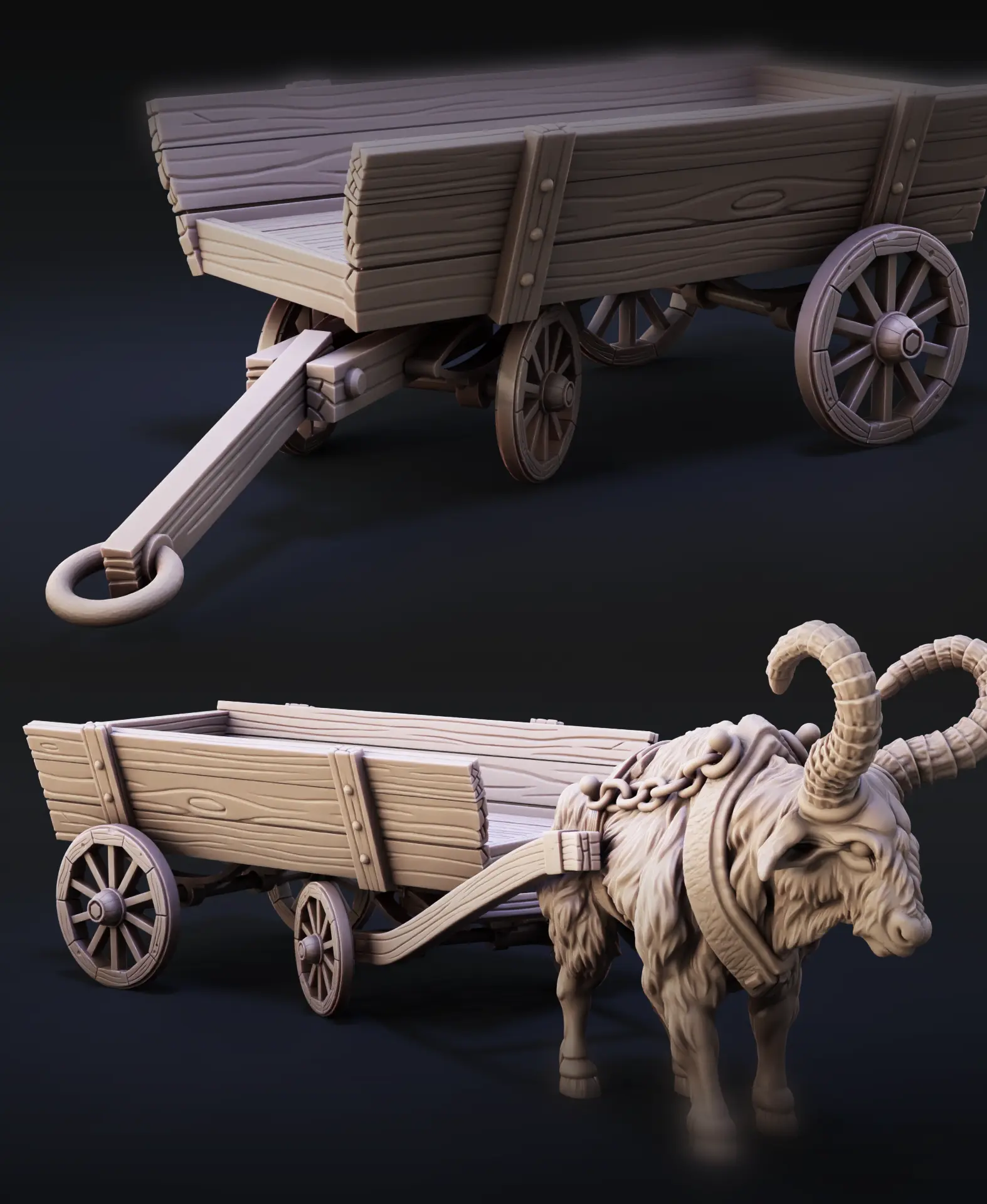 Beast of Burden and Trailer | Great Horned Oxen Pulling Trailer | Cow, Bison, Bull, Ox for 32mm TTRP 3d model
