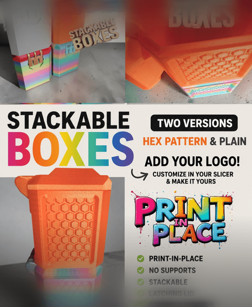 Print in Place Stackable Organization Boxes in two styles 3d model