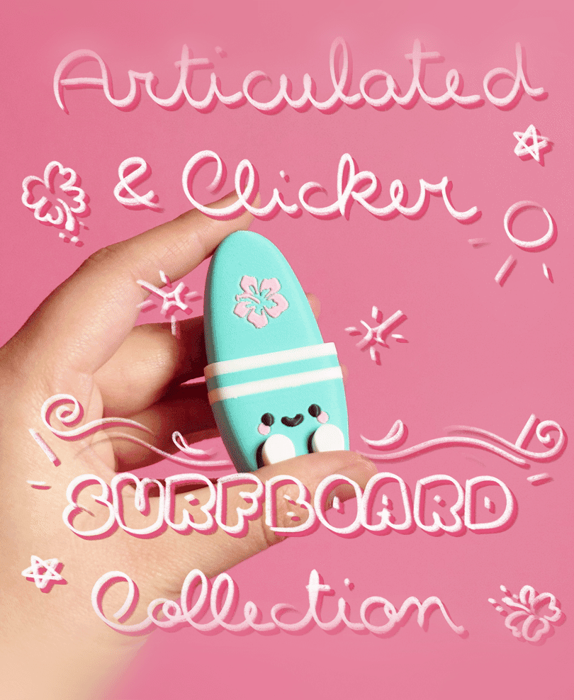 Cute Articulated & Clicker Surfboard | Print-in-place | Support-free 3d model