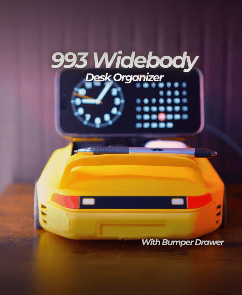 993 Widebody Desk Organizer — Phone Stand with Hidden Bumper Drawer 3d model