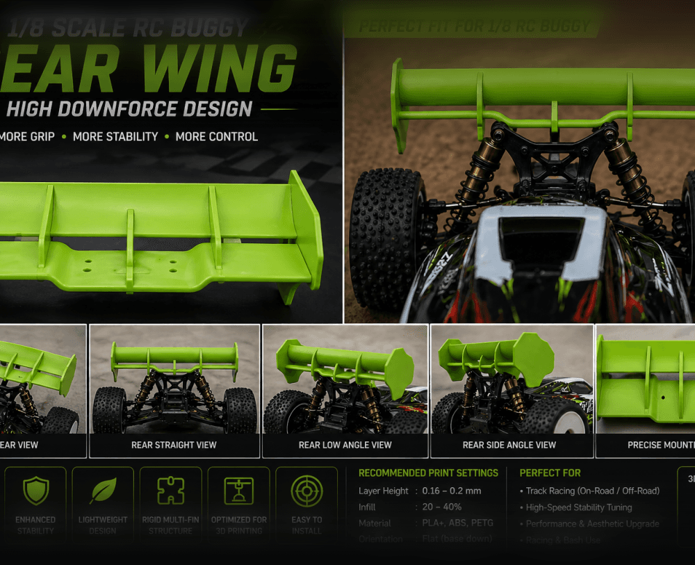 High Downforce Rear Wing for 1/8 RC Buggy – Lightweight Aerodynamic Design (3D Printable STL) 3d model