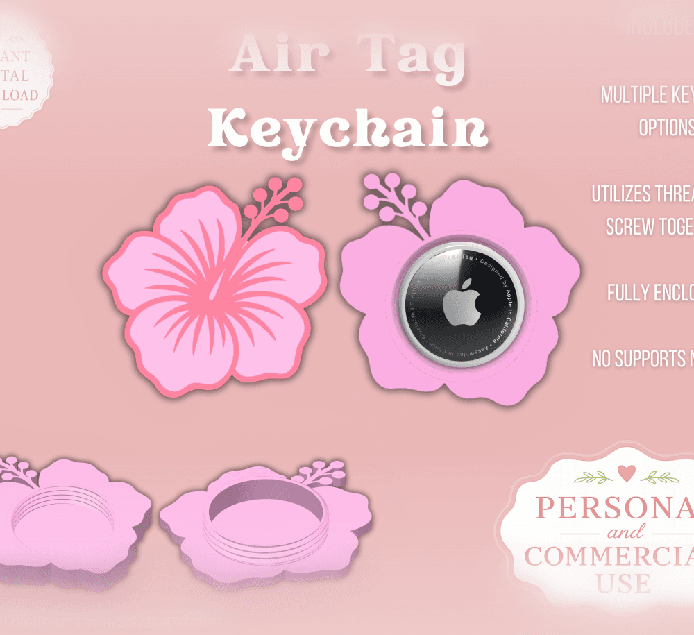 Hibiscus AirTag Holder Keychain 3d model