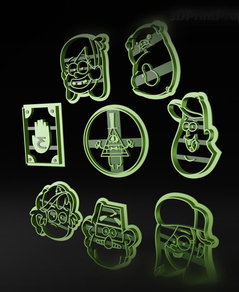 Gravity Falls Cookie Cutters : Bill Cipher, Mabel, Waddles, Wendy, Dipper, Book, Soos, Stanley 3d model