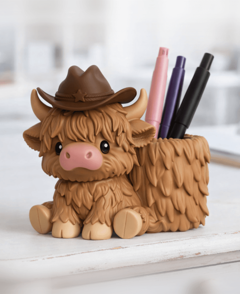 Highland Cow Pen Holder | Kawaii Desk Organizer | Farm Animal Decor 3d model