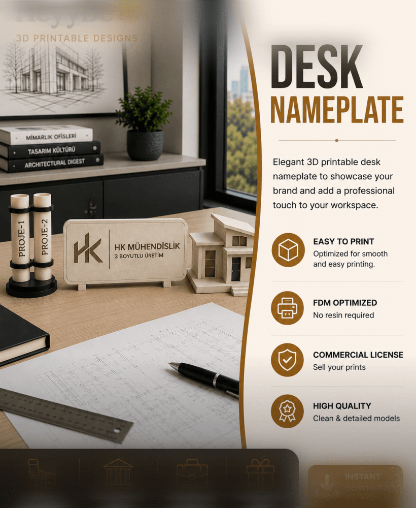 Architect Desk Set | Custom Nameplate, Blueprint Roll Holder & Modern House Model | 3D Printable STL 3d model