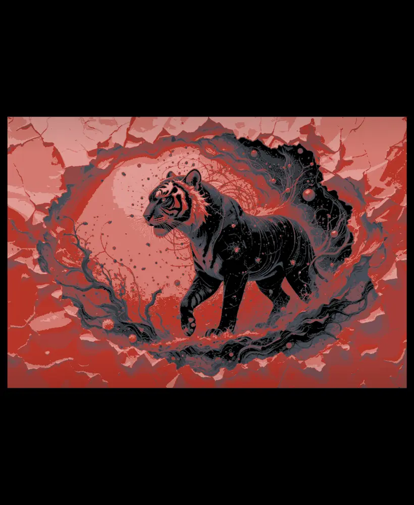 An artistic design of a tiger walking in red and black - hueforge art 3d model