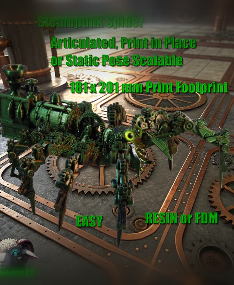Articulated Steampunk Jumping Spider (also static .stl minature) 3d model
