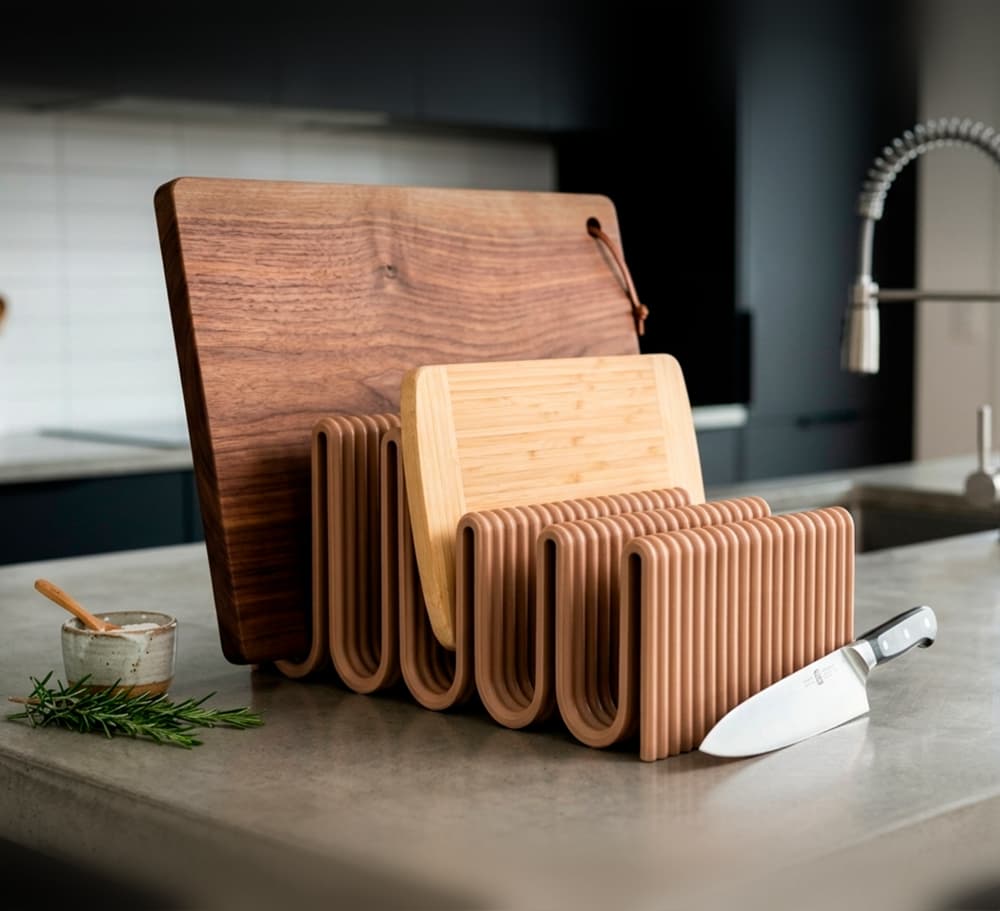 Modern Wave Cutting Board Stand & Kitchen Organizer (STL) 3d model
