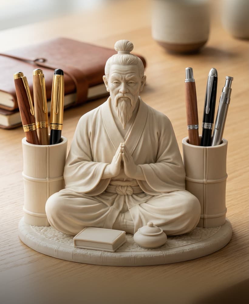 Zen Sage Desk Organizer - Meditating Monk Pen & Stationery Holder - Scholar Statue Office Decor 3d model