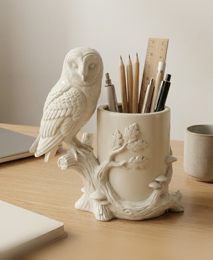 Grandmillennial Barn Owl & Oak Branch Pencil Cup 3d model