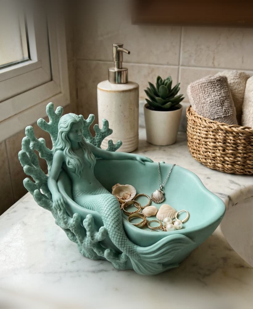 Mermaid Jewelry Holder Catchall Bowl – Coral Ocean Ring Dish, Bathroom Vanity Organizer Decor STL 3d model