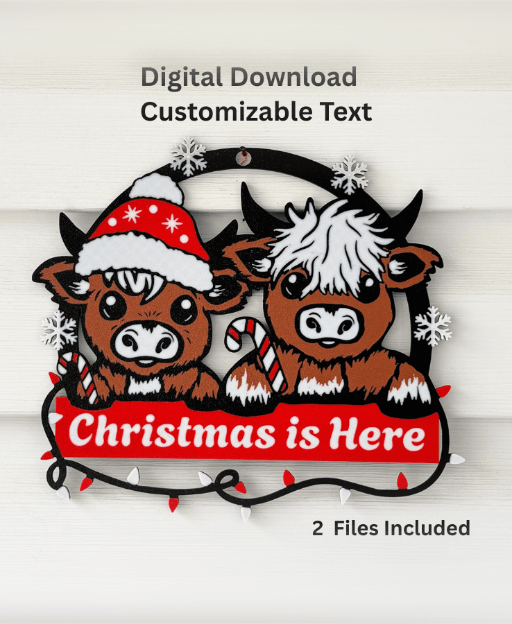Christmas Highland Cow Door Sign Customizable Text Highland Cow Decoration Christmas Door Hanger 3d model