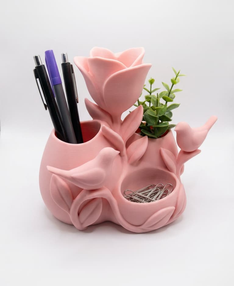 Sculptural Rose and Songbird Desk Organizer | Floral Spring Decor 3d model