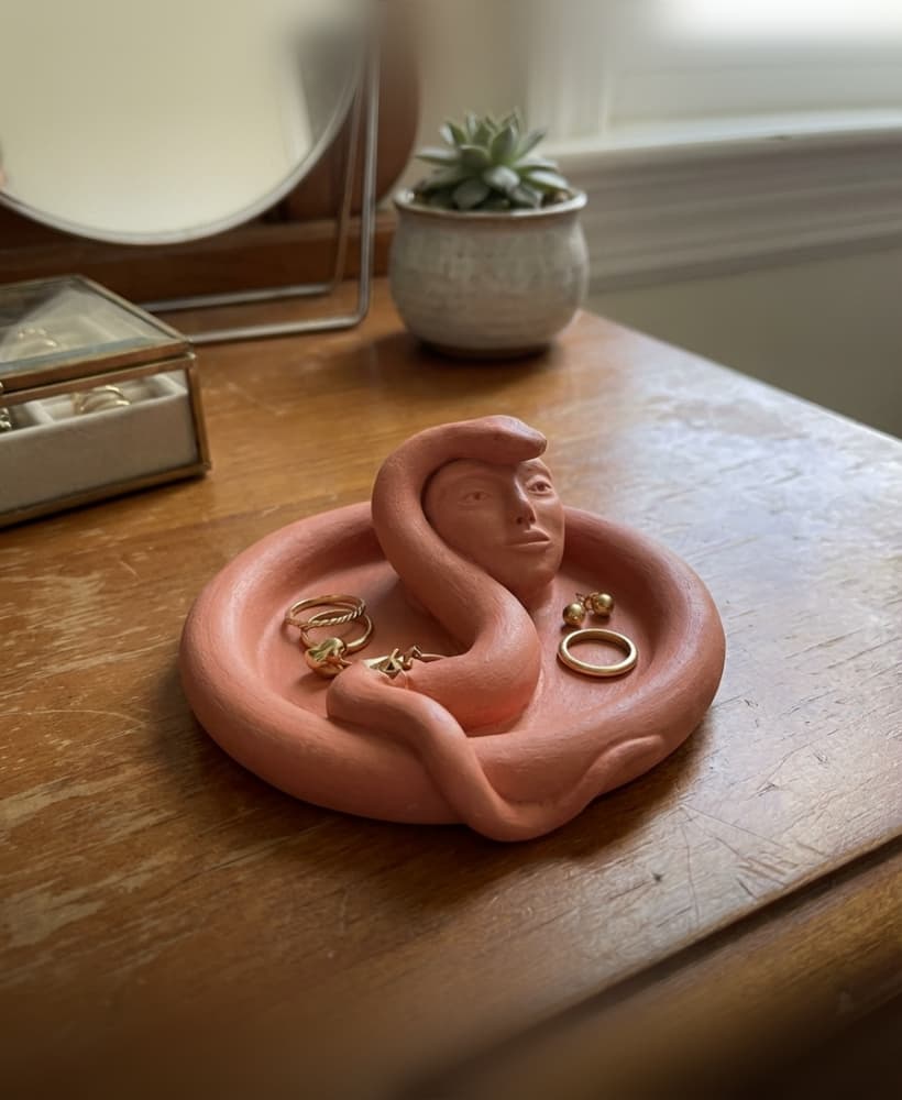 Surrealist Snake Goddess Jewelry Dish – Coiled Serpent & Face Catchall Tray 3d model