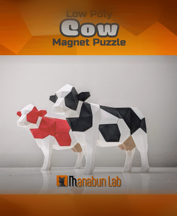 Low Poly Cow Magnet Puzzle (No supports, no AMS) 3d model