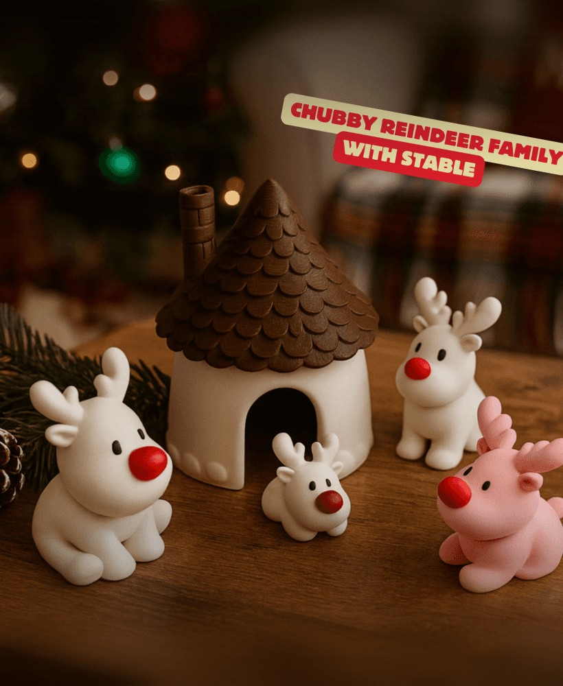 CHUBBY REINDEER FAMILY WITH STABLE / CHRISTMAS DECOR / GIFTSET / TOY / HOMEDECOR 3d model