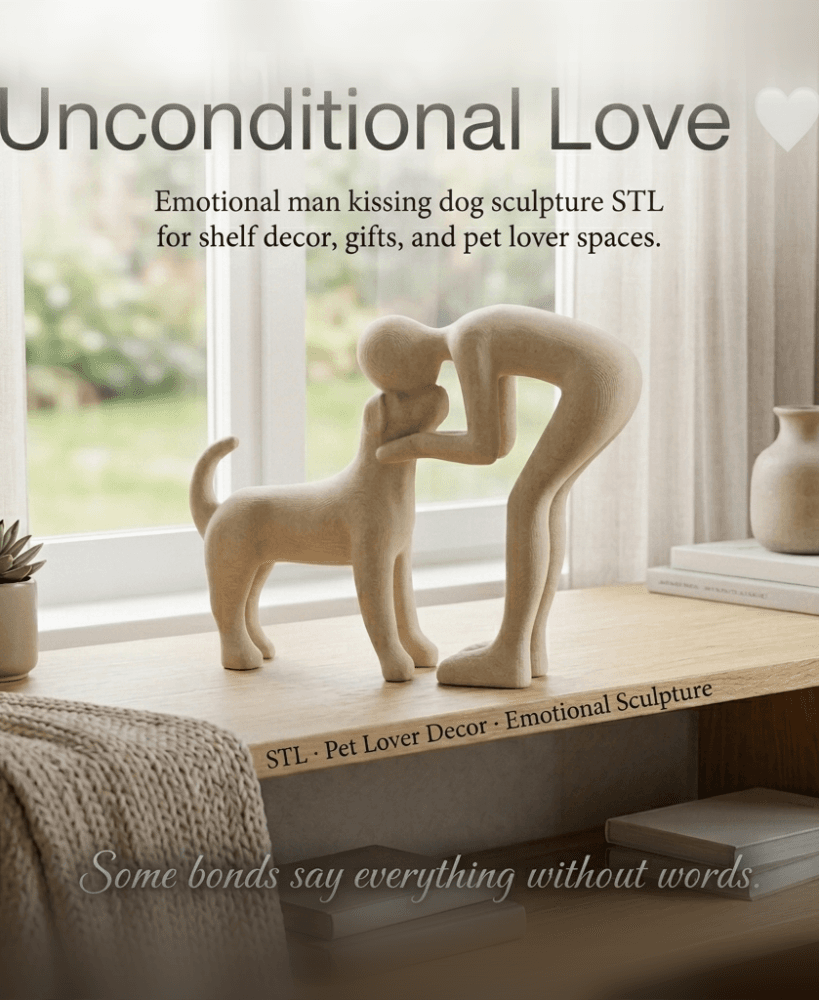 Man Kissing Dog Sculpture β STL File or 3D Printed Emotional Pet Lover Gift 3d model