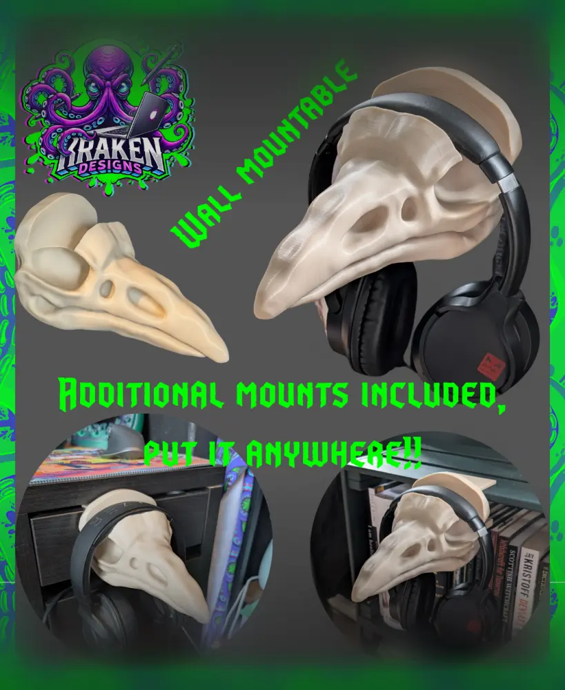 Raven Skull Headphone Mount – Multi-Mountable Gothic Desk Upgrade 3d model