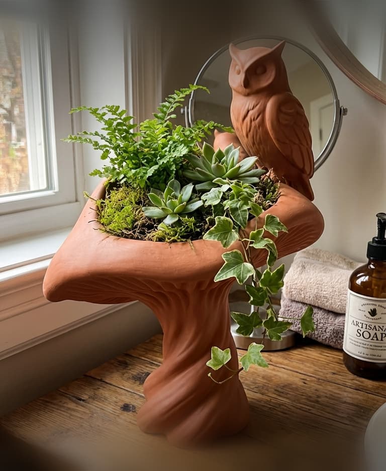 Twisted Mushroom Owl Planter - Whimsical Forest Sculptural Catchall & Vase 3d model