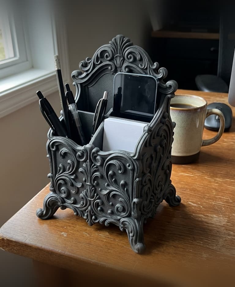 Ornate Baroque Desk Organizer - Victorian Office Caddy with Phone Stand & Sticky Note Holder 3d model