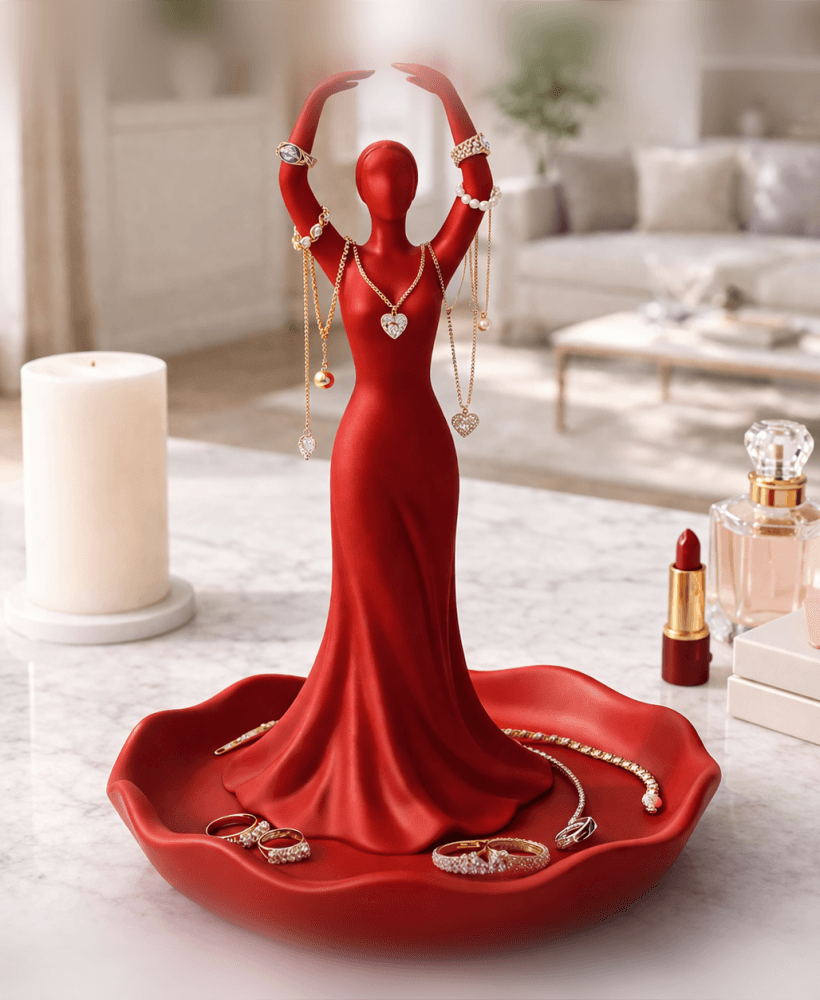 Red Dress Jewelry Stand STL – Dancer Necklace Holder & Ring Dish 3d model