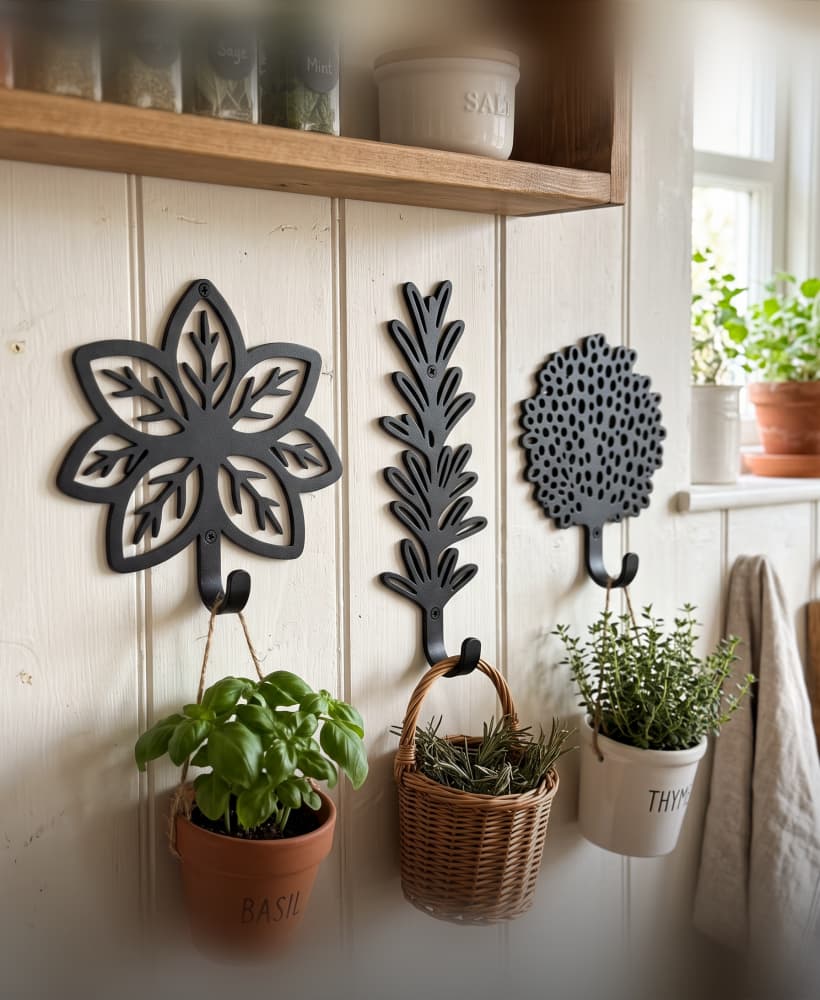 Botanical Herb Kitchen Wall Hooks - Elegant Cast Iron Style Utensil & Apron Hangers 3d model