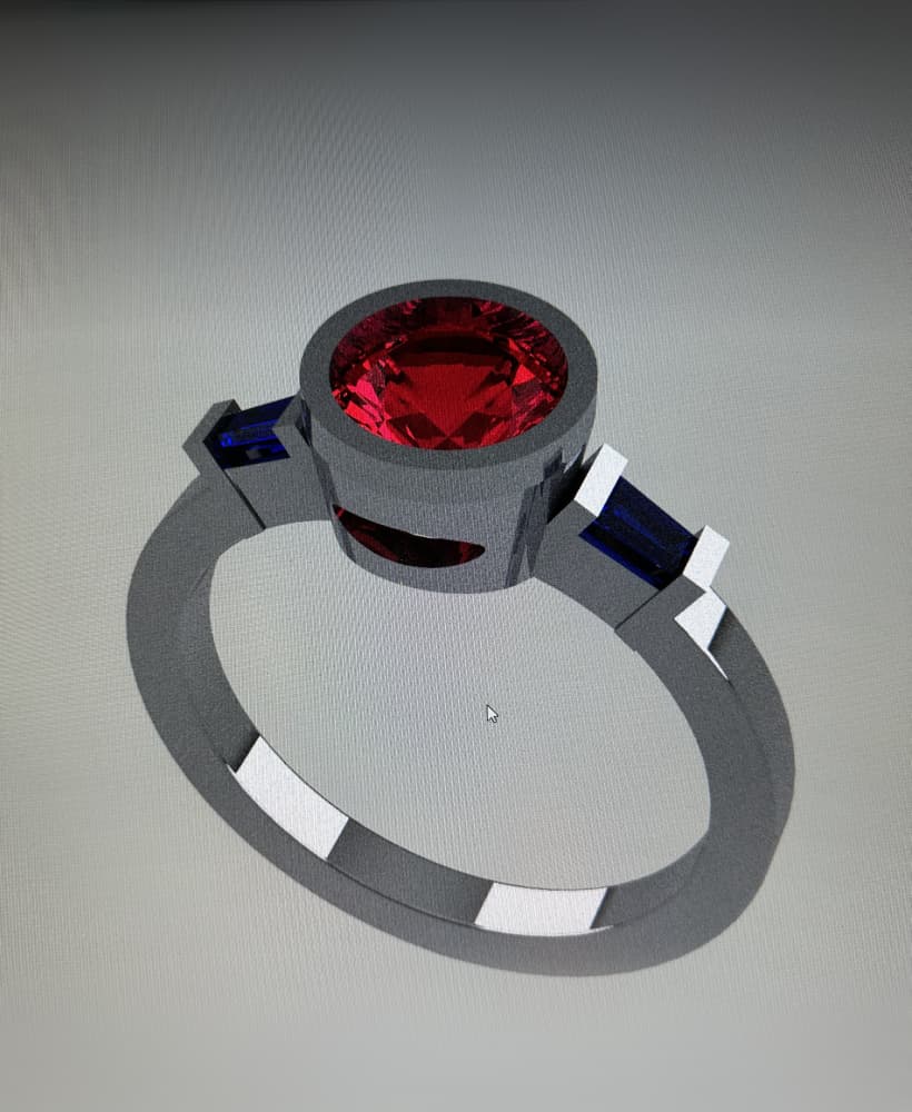 Bezel-Set Round Center Ring with Tapered Baguette Side Stones 3d model