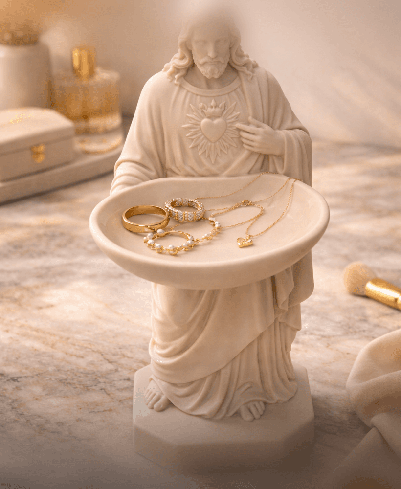 Sacred Heart Jesus Jewelry Tray STL – Religious Ring Holder Statue - Desk Organizer 3d model