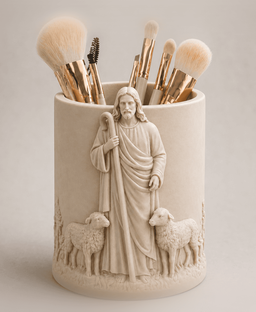 Good Shepherd Jesus Makeup Brush Holder STL – Christian Vanity Organizer 3d model