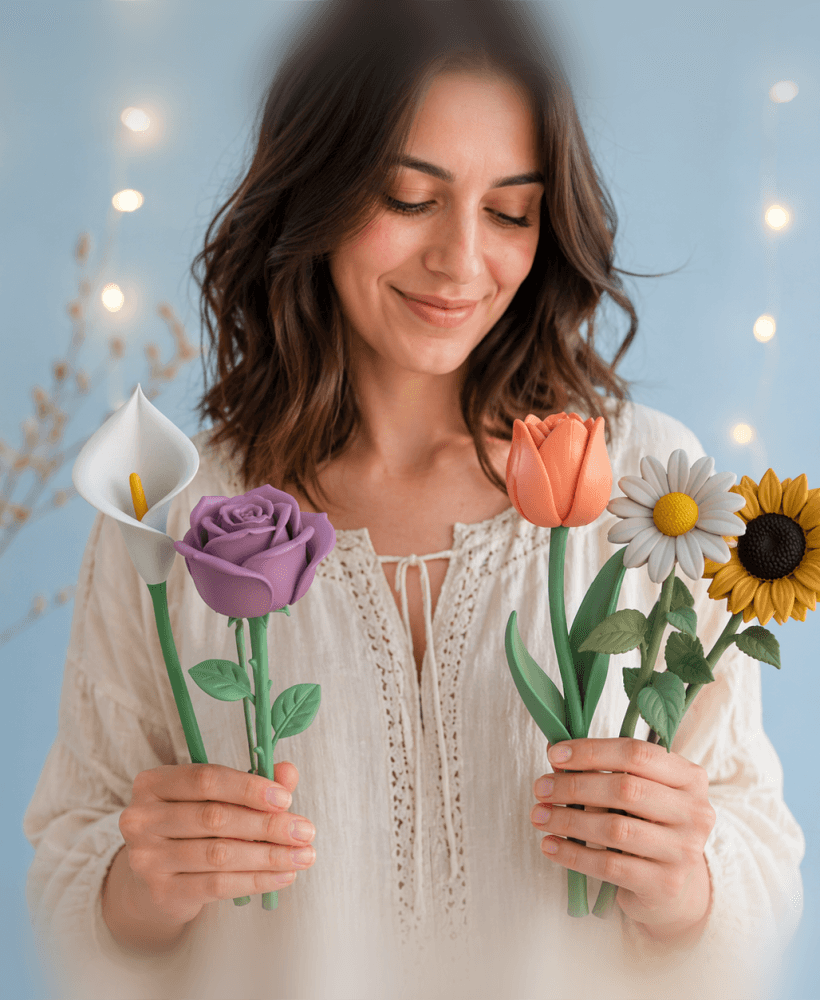 Multicolor Flower Decor Bundle | 5 Different Bloom Designs | Modular Stem Assembly 3d model