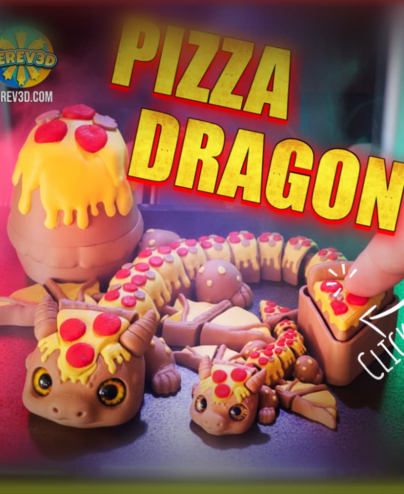 Pizza Dragon Flexi - Clicker Tail Fidget, Keychain Baby Dragon & Pizza Egg Container STL/3MF 3d model