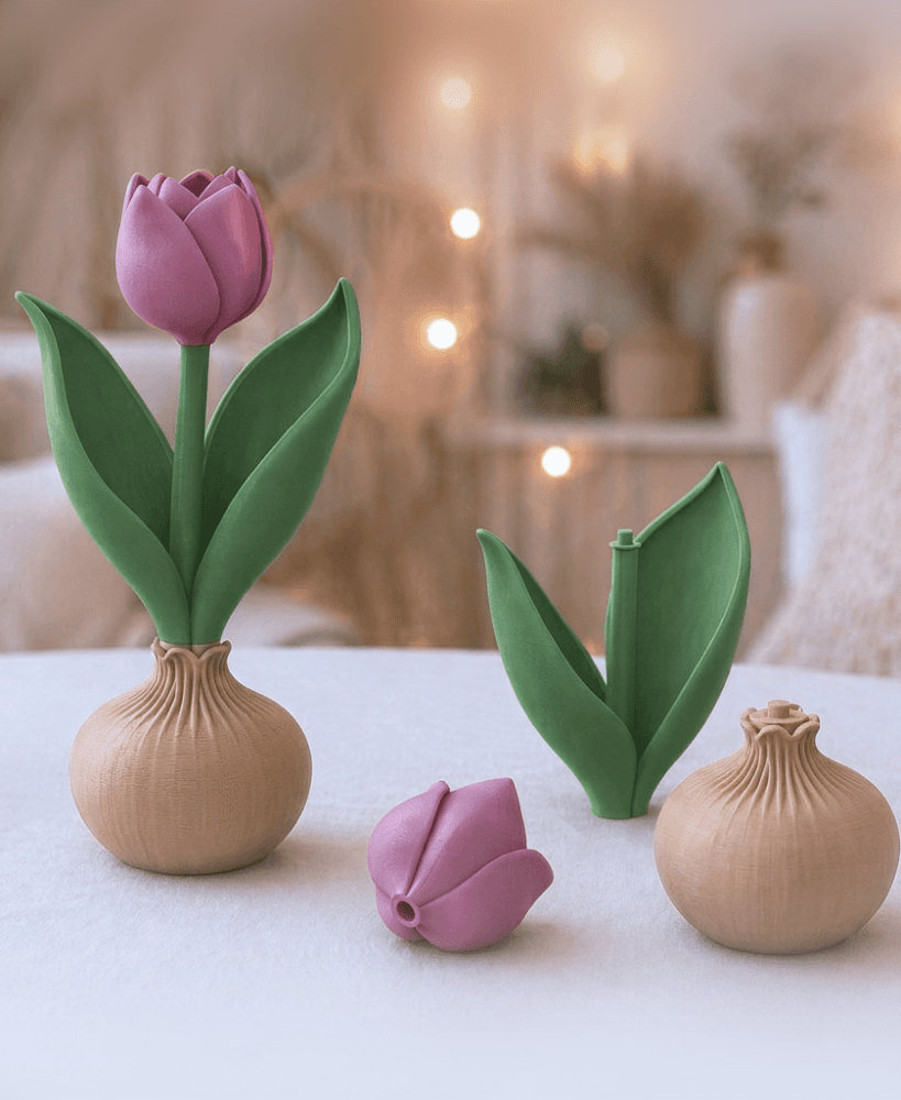 Tulip Bulb Decor | Spring Flower Display - Botanical Home Accent | Triple Floral Bamboo 3d model