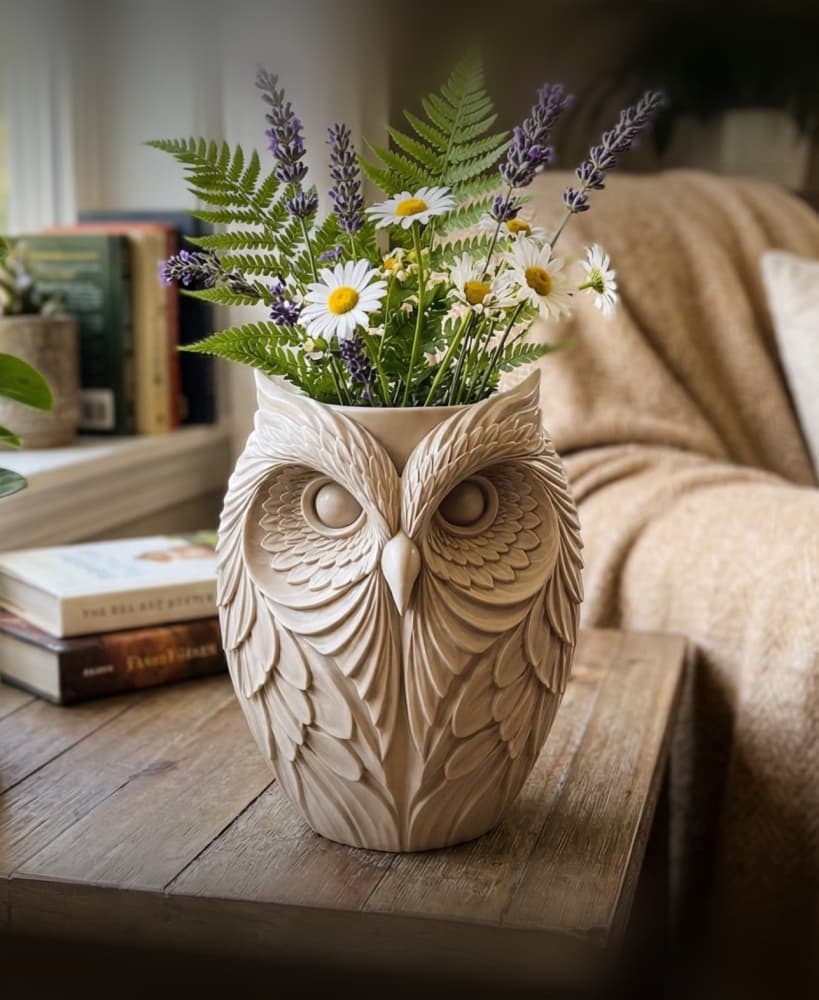 Sculptural Owl Vase - Intricate Feather Detail Home Decor Planter 3d model