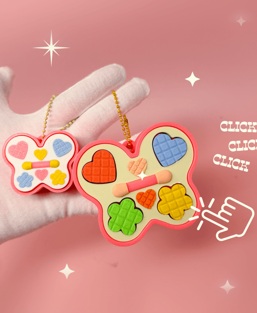 Retro 90s Butterfly Eyeshadow Palette Fidget Clicker Keychain - Colorful Heart Flower Makeup Compact 3d model