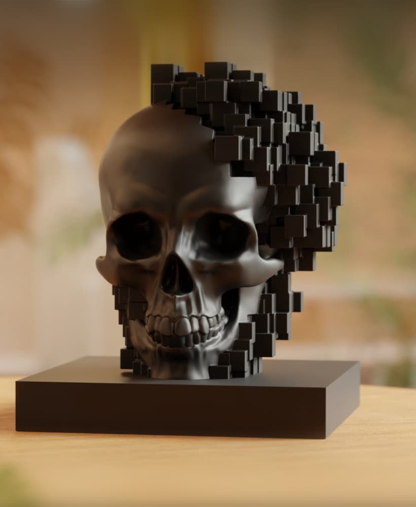 Pixelated Black Skull Sculpture – Contemporary Gothic Art 3d model