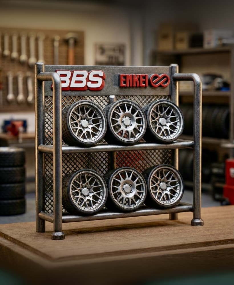 ULTIMATE JDM Wheel Display Stand (BBS & ENKEI) | Multi-Scale Garage Diorama Accessory (1/64 - 1/18) 3d model
